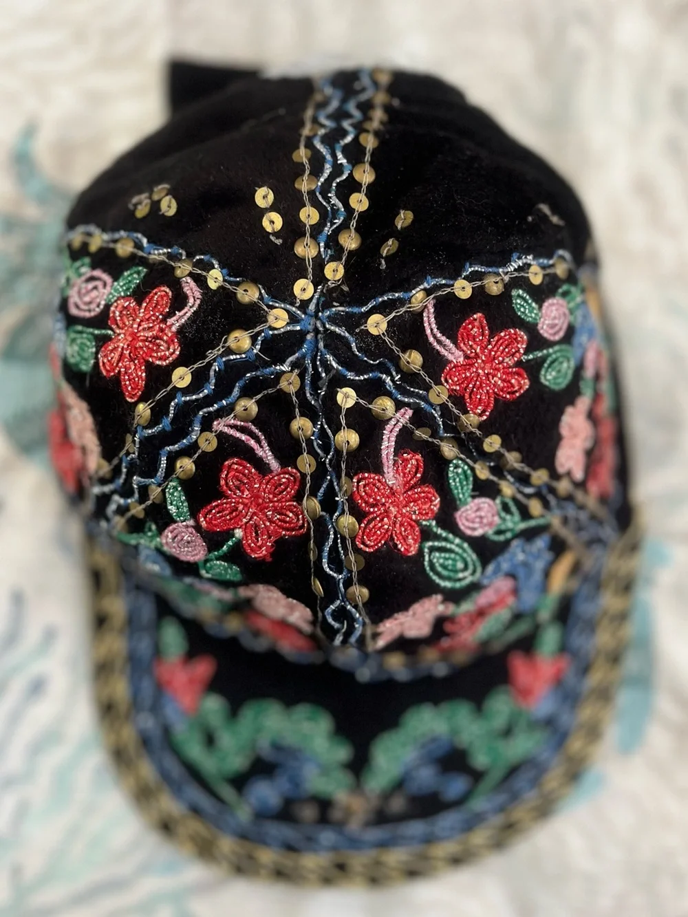 Brand New! Embroidered Floral Black Cap with Multicolor Beading